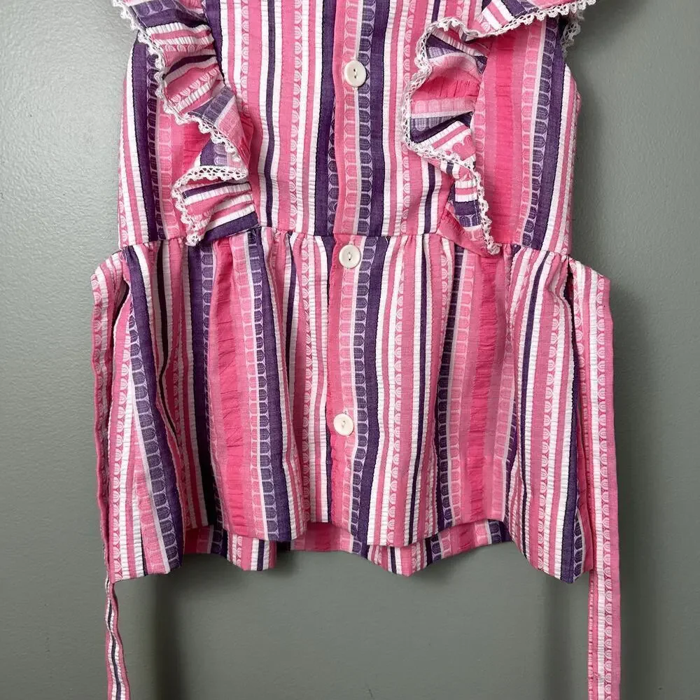 Vintage 70's Pinafore Dress Toddler Girl's Pink Purple Ruffle Stripe Summer Mini